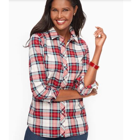 Talbots Red Plaid Button Up Shirt Women's Small Classic Cotton Fall Western - Picture 1 of 9